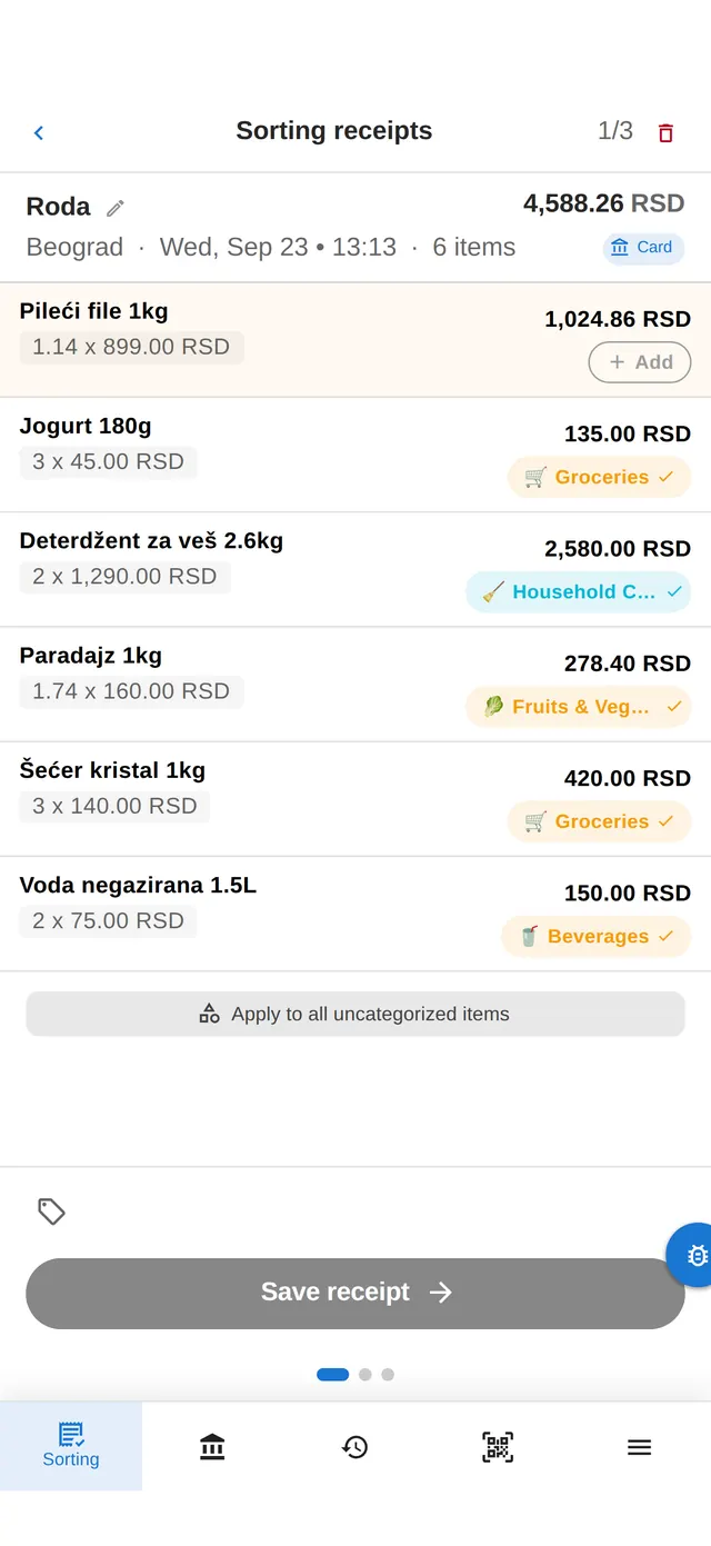 VotaWallet screen: receipt items sorted into categories